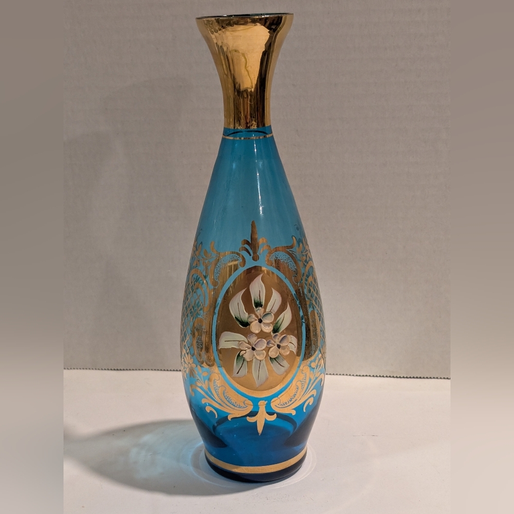 European Blue Beautiful European Decanter Bottle Floral Embossed.